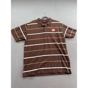 VTG MauiBuilt Polo Shirt Mens XL Brown Striped Short Sleeve Patch Logo Casual